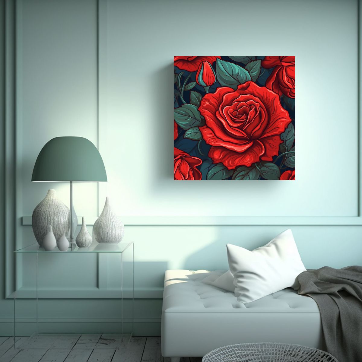 GENERICO - Patrón Detallado De Rosa Roja En Estilo De Arte 60x60 Cm