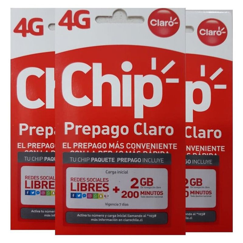 CLARO - Pack 3 Chip Prepago Claro 2gb  200 Minutosredes