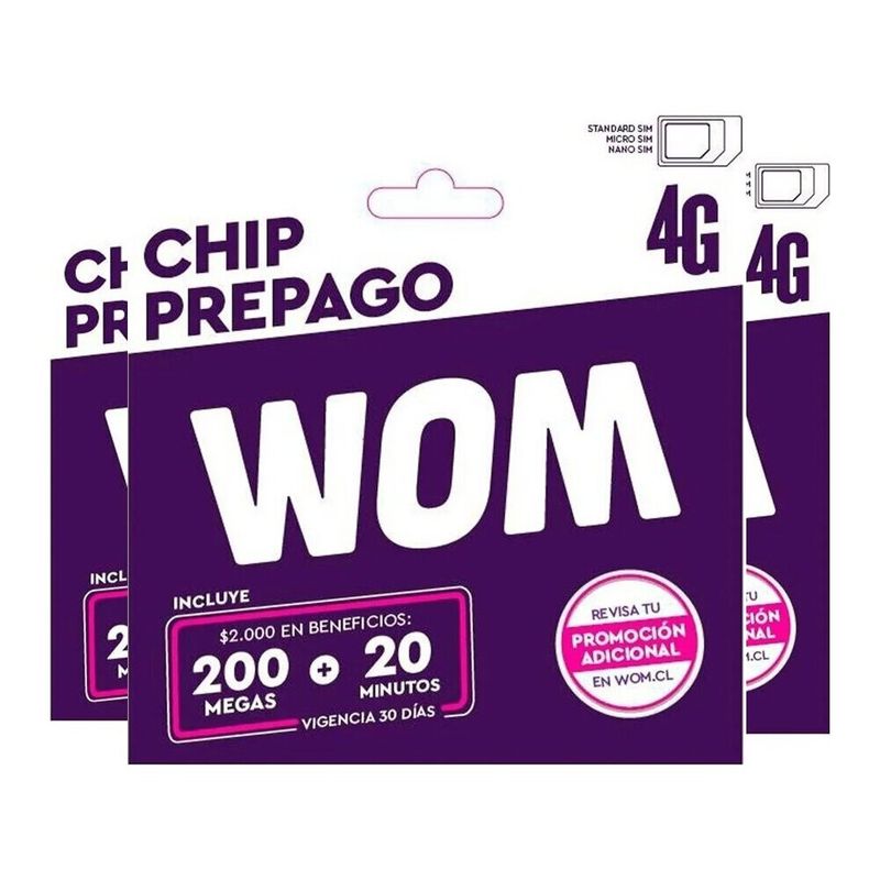 WOM - Pack 3 Chip Prepago Wom 200 Mb  20 Minutos