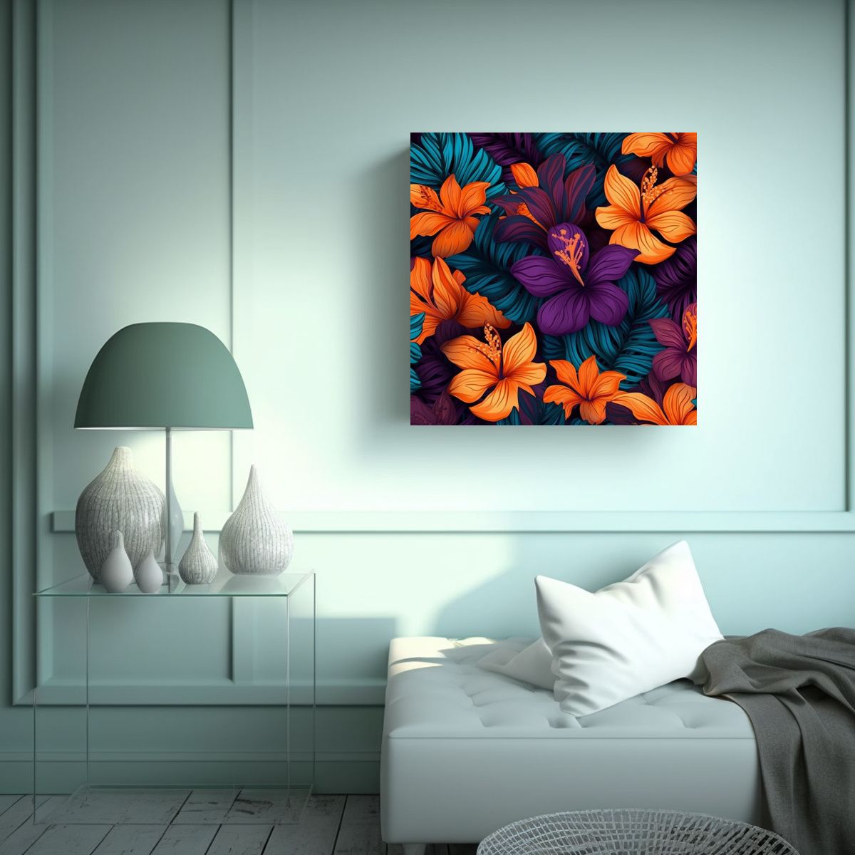GENERICO - Cuadro Decorativo Tropical Con Flores Oscuras Y 70x70 Cm