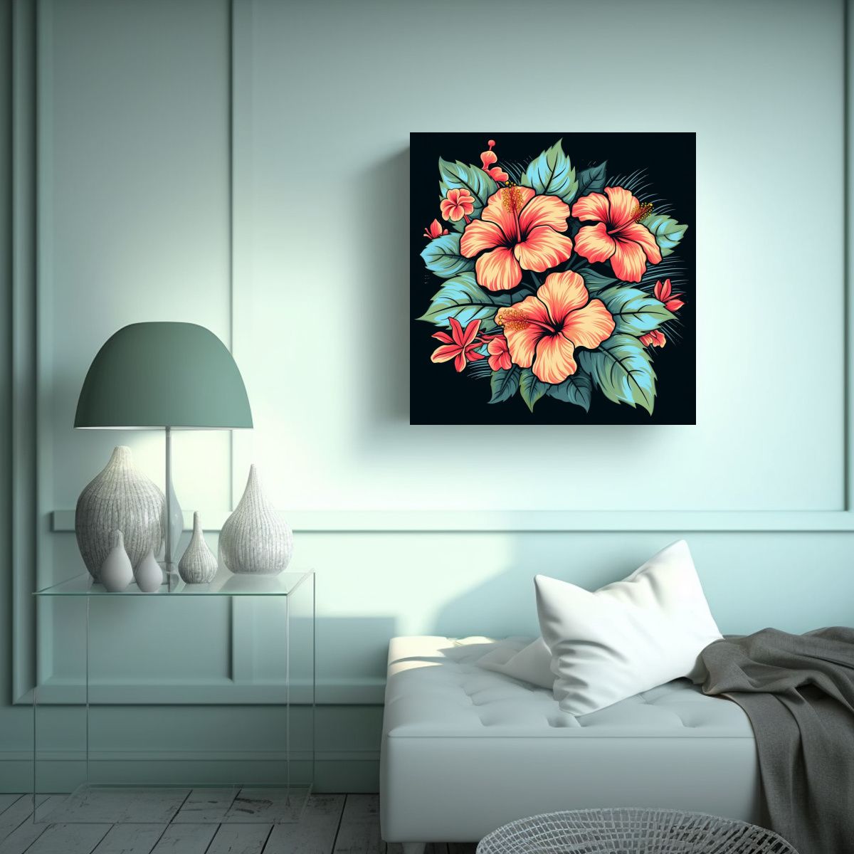 GENERICO - Diseño Retro De Hibisco En Arte Cuadrado 90x90 Cm.