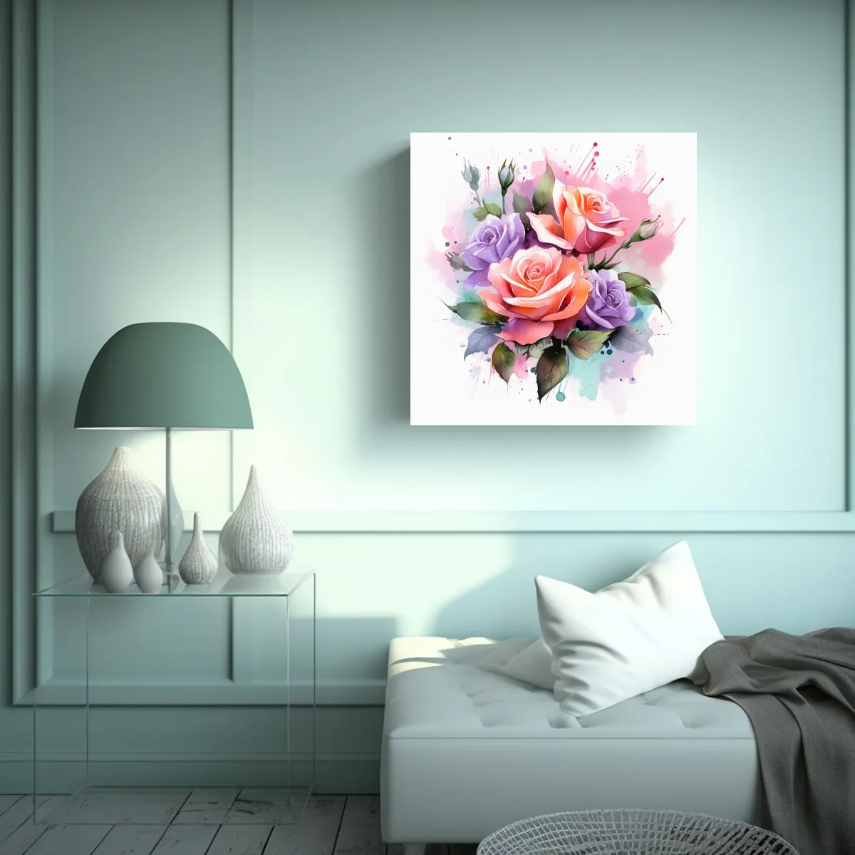 GENERICO - Cuadro Lienzo De Acuarela Floral Rosa En Estilo 90x90 Cm