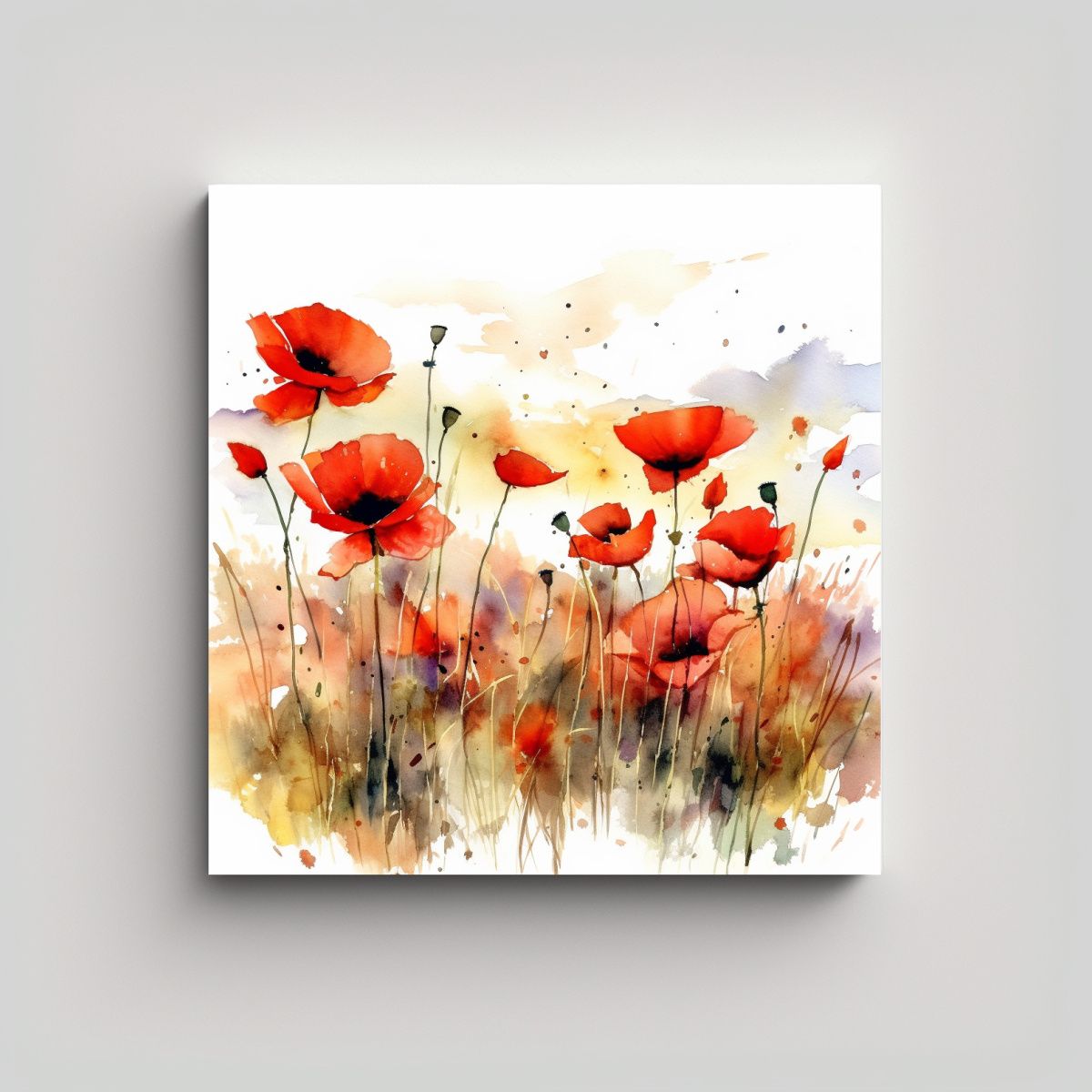 GENERICO - Lienzo Acuarela Campo De Amapolas Fondo Blanco 70x70 Cm