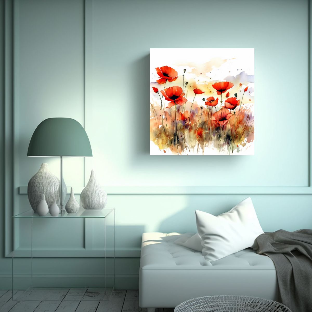 GENERICO - Lienzo Acuarela Campo De Amapolas Fondo Blanco 70x70 Cm