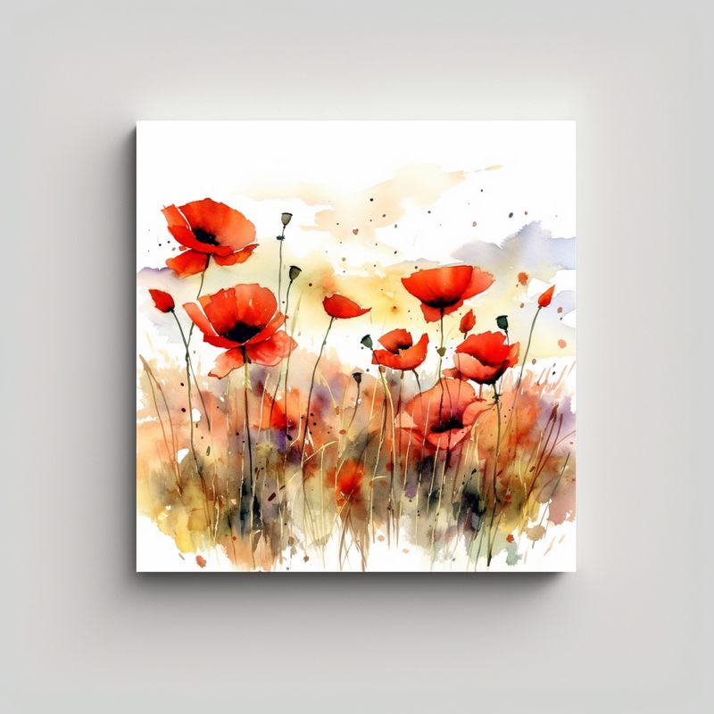 GENERICO - Lienzo Acuarela Campo De Amapolas Fondo Blanco 50x50 Cm