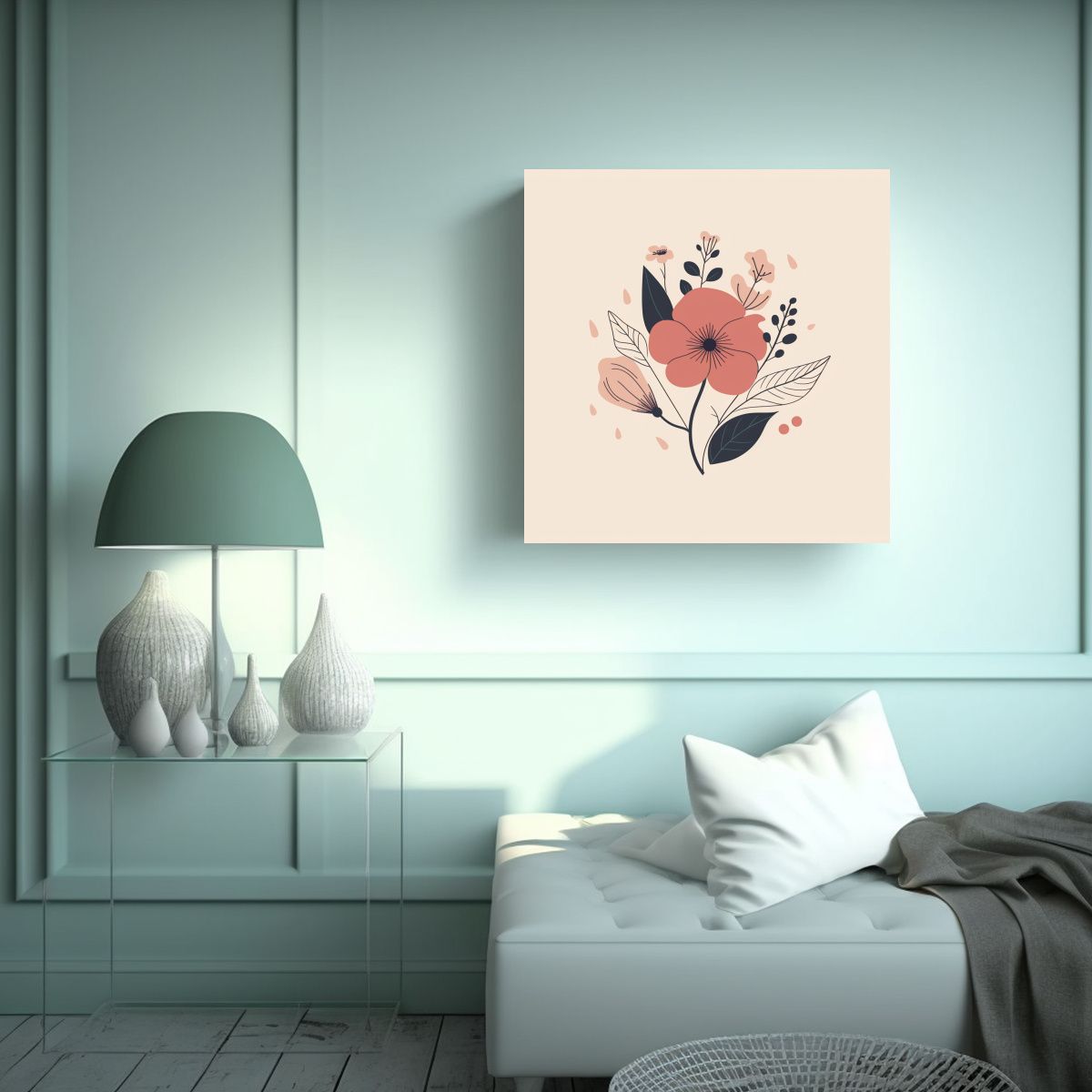 GENERICO - Ilustración Floral Minimalista En Cuadro Canva 60x60 Cm