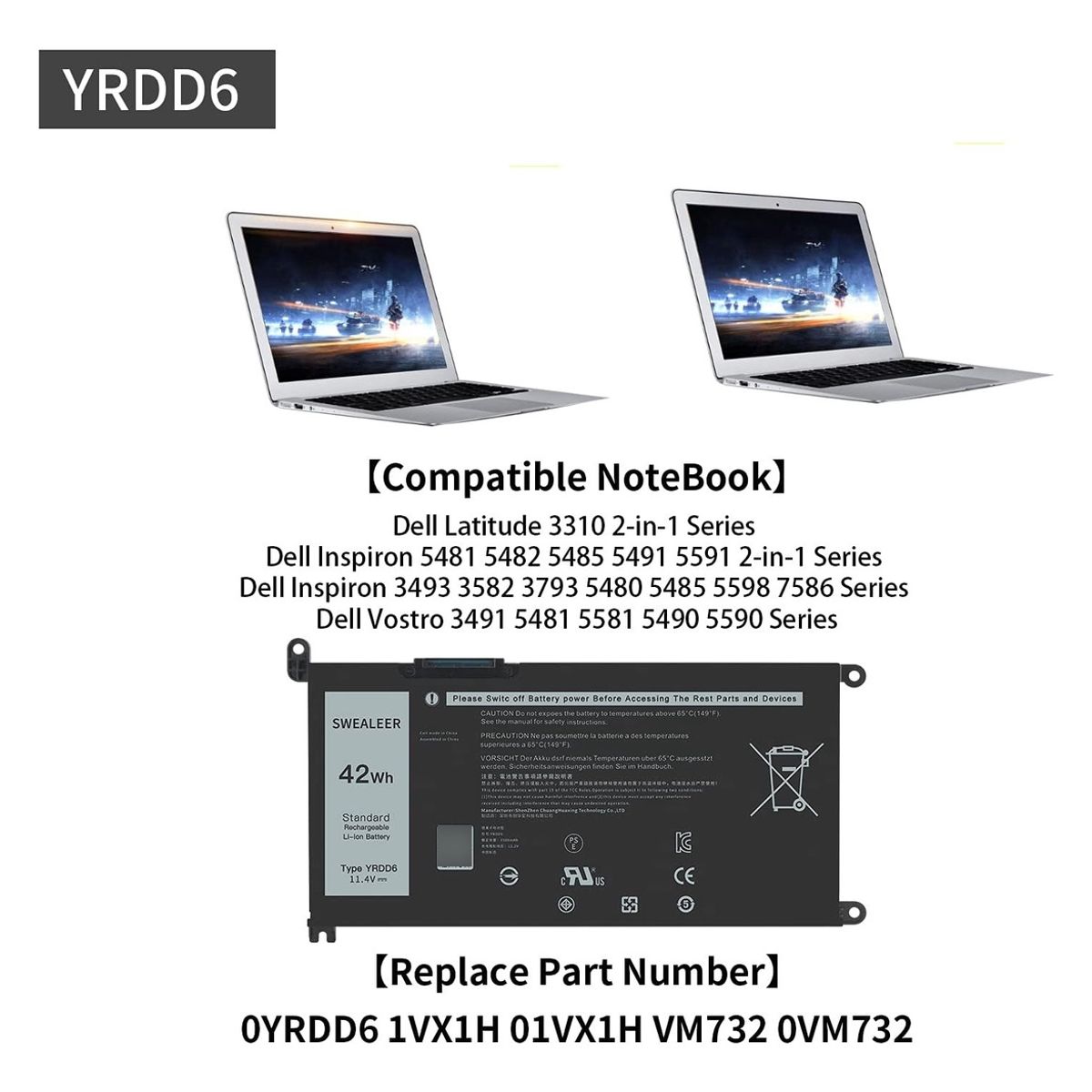 GENERICO - Bateria yrdd6 Para Dell Inspiron 5481 3493 5480 7586 Serie