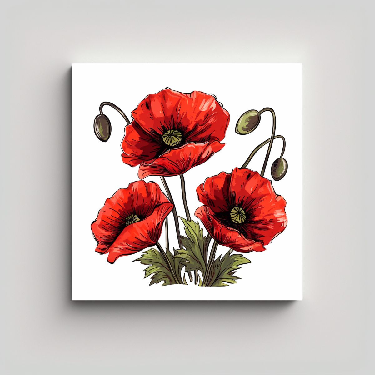 GENERICO - Ilustración Canva De Amapolas Rojas Con Centro 40x40 Cm
