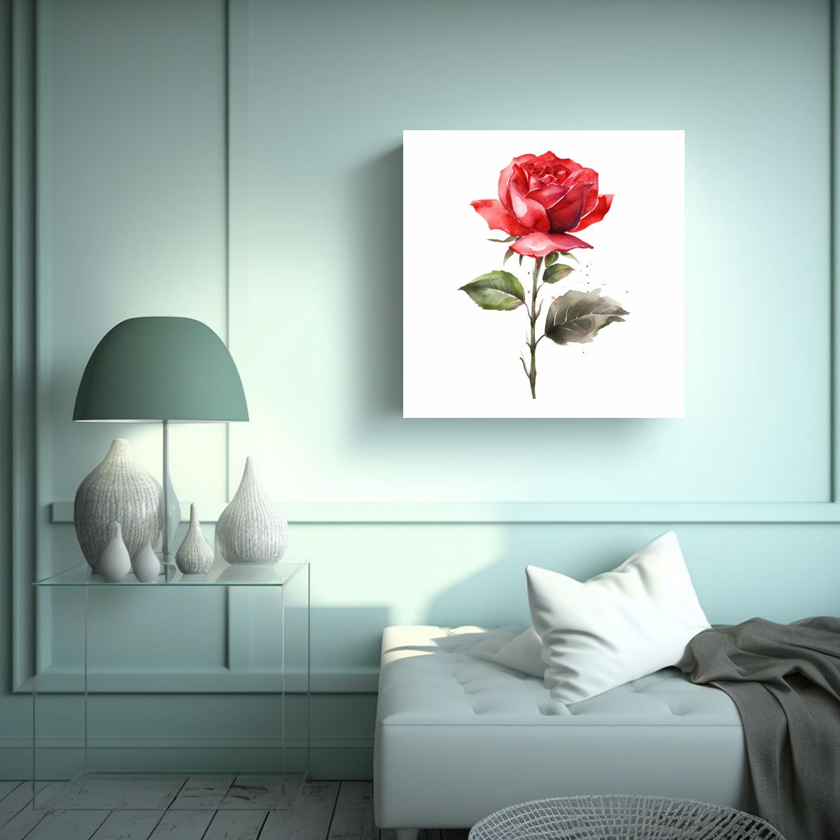 GENERICO - Rosa Roja Acuarela Moderna Con Tallo: Lienzo De 80x80 Cm