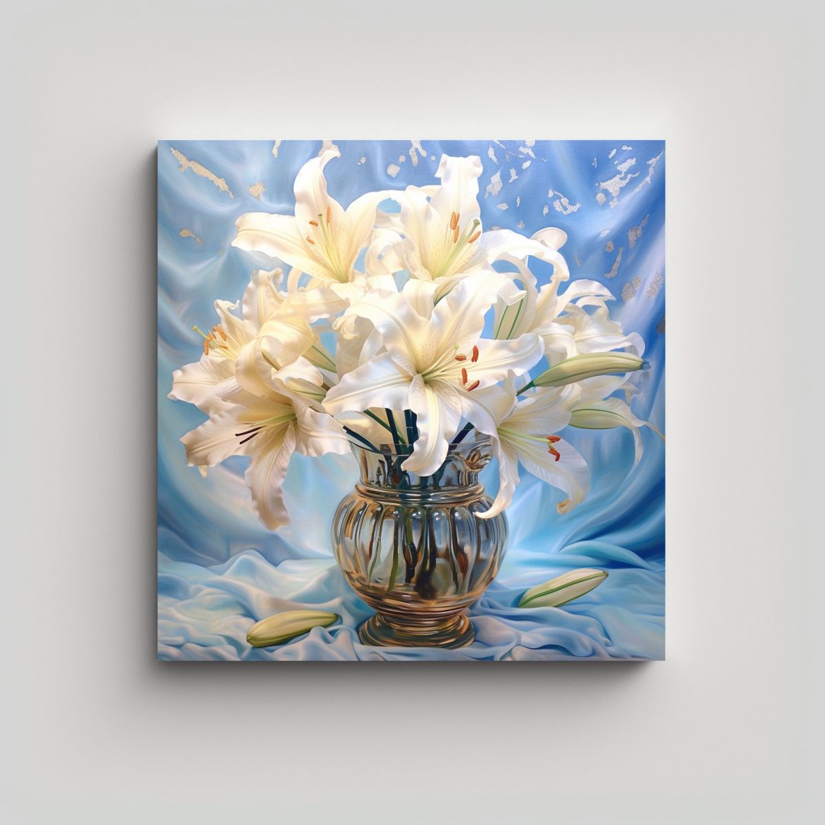 GENERICO - Ilustración De Lirios Blancos En Jarrón, Lienzo 80x80 Cm
