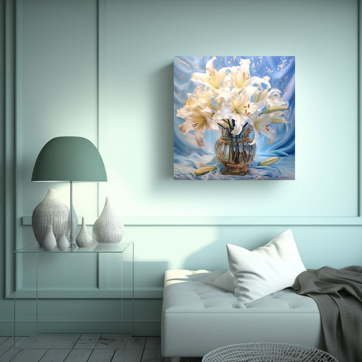 GENERICO - Ilustración De Lirios Blancos En Jarrón, Lienzo 80x80 Cm