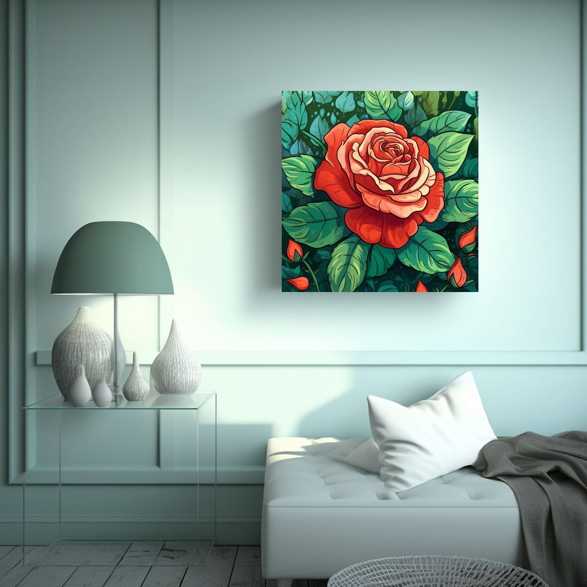 GENERICO - Arte Patron Intenso Rosa Flor Enmarcada Verde 50x50 Cm