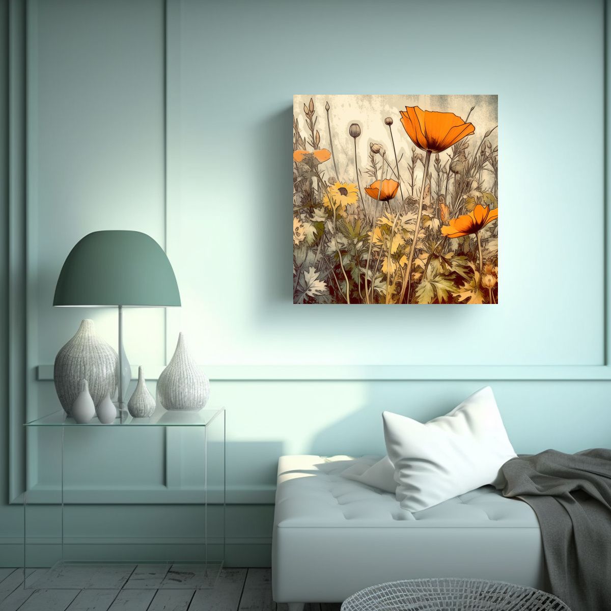 GENERICO - Arte Línea Flores Silvestres Splash Color Lienzo 90x90 Cm