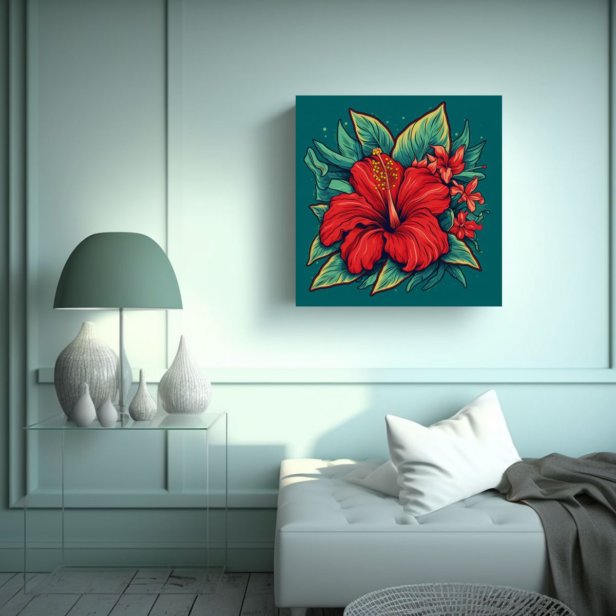 GENERICO - Fantasía Canva: Cuadro Tropical Rojo En Estilo 60x60 Cm