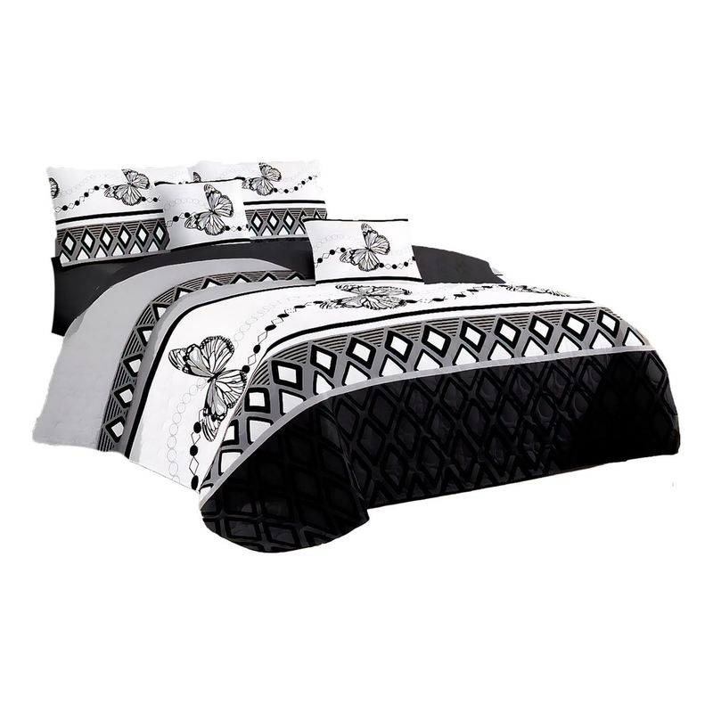 GENERICO - Cubre Cama King Quilt 2.5 Plaza Estampado Mariposas Gris 656