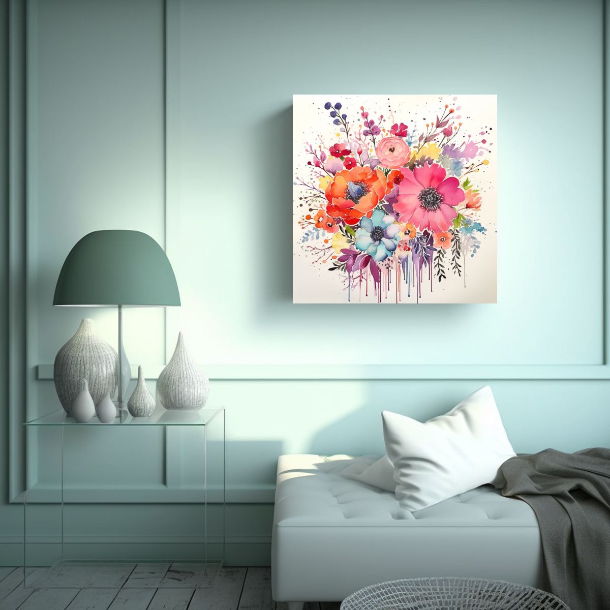 GENERICO - Arreglo Floral Acuarela En Lienzo Duradero - 60x60 Cm