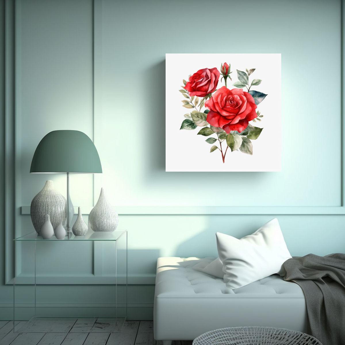 GENERICO - Cuadro Abstracto De Rosa Roja En Acuarela - Tela 70x70 Cm