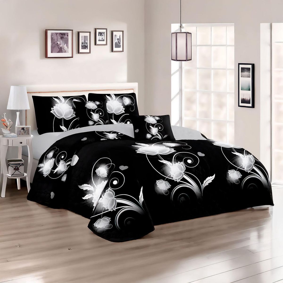 GENERICO - Cubre Cama King Quilt 2.5 Plazas Estampado Flores Negras 663