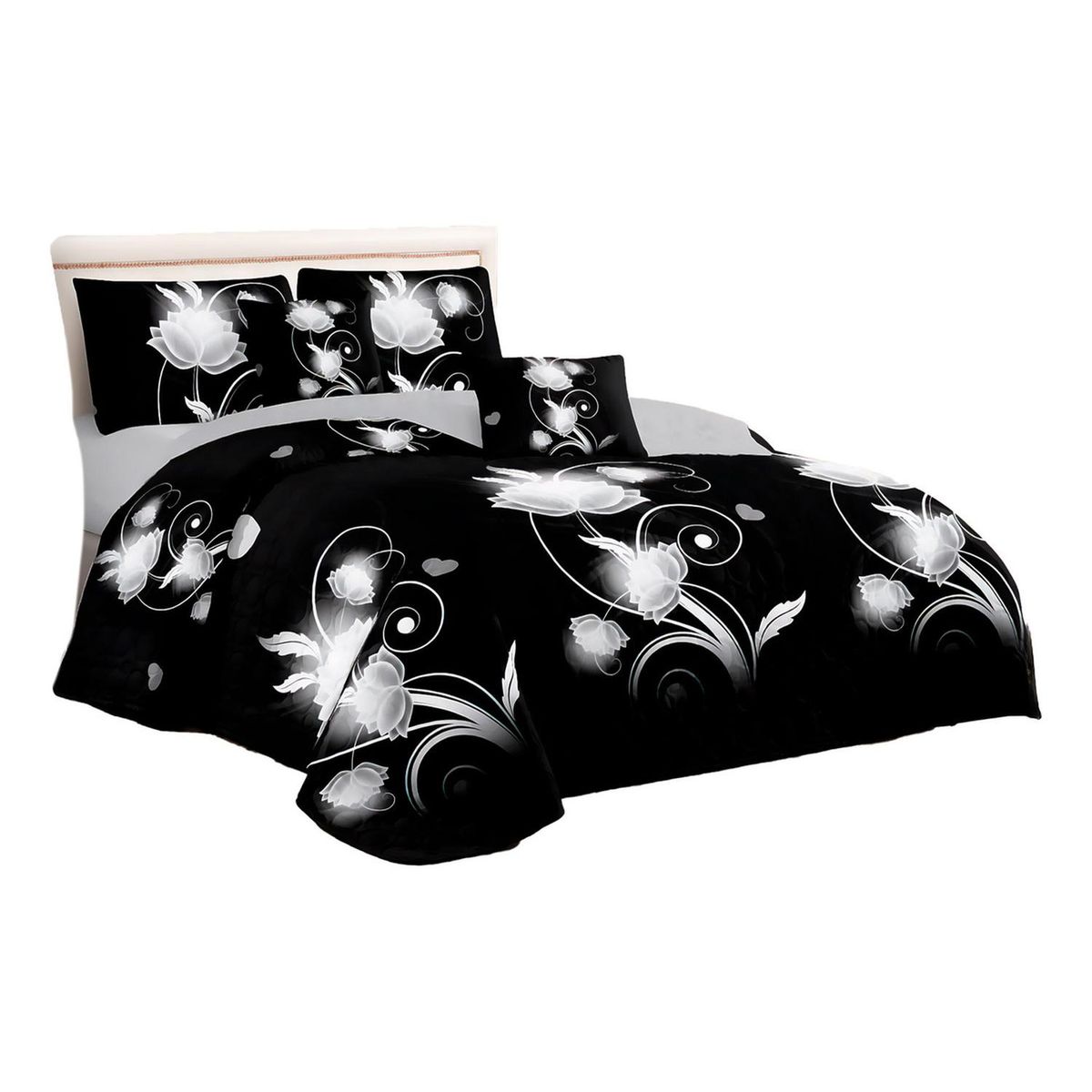 GENERICO - Cubre Cama King Quilt 2.5 Plazas Estampado Flores Negras 663