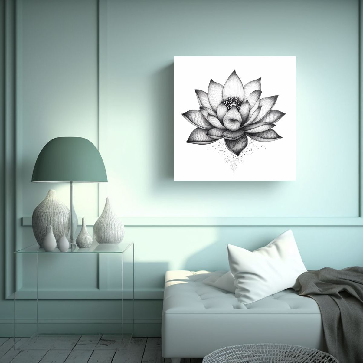 GENERICO - Flor De Loto Negro Estilo Tatuaje Arte Vanguardia 60x60 Cm
