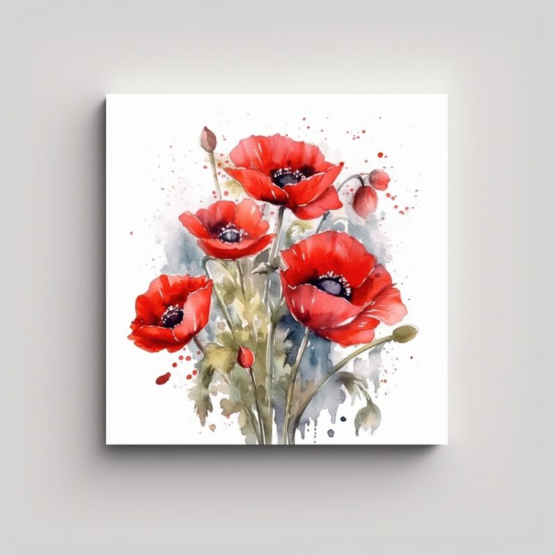 GENERICO - Cuadro Decorativo Acuarela Ramo Amapolas Rojas 50x50 Cm