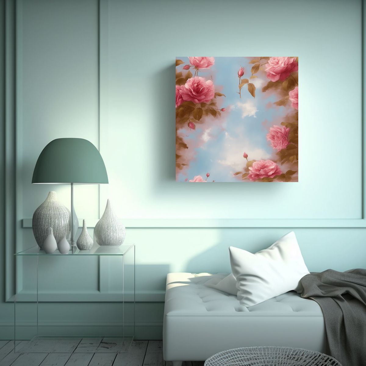 GENERICO - Arte Diseño Adorno Pintura De Rosa Azul Cielo 90x90 Cm