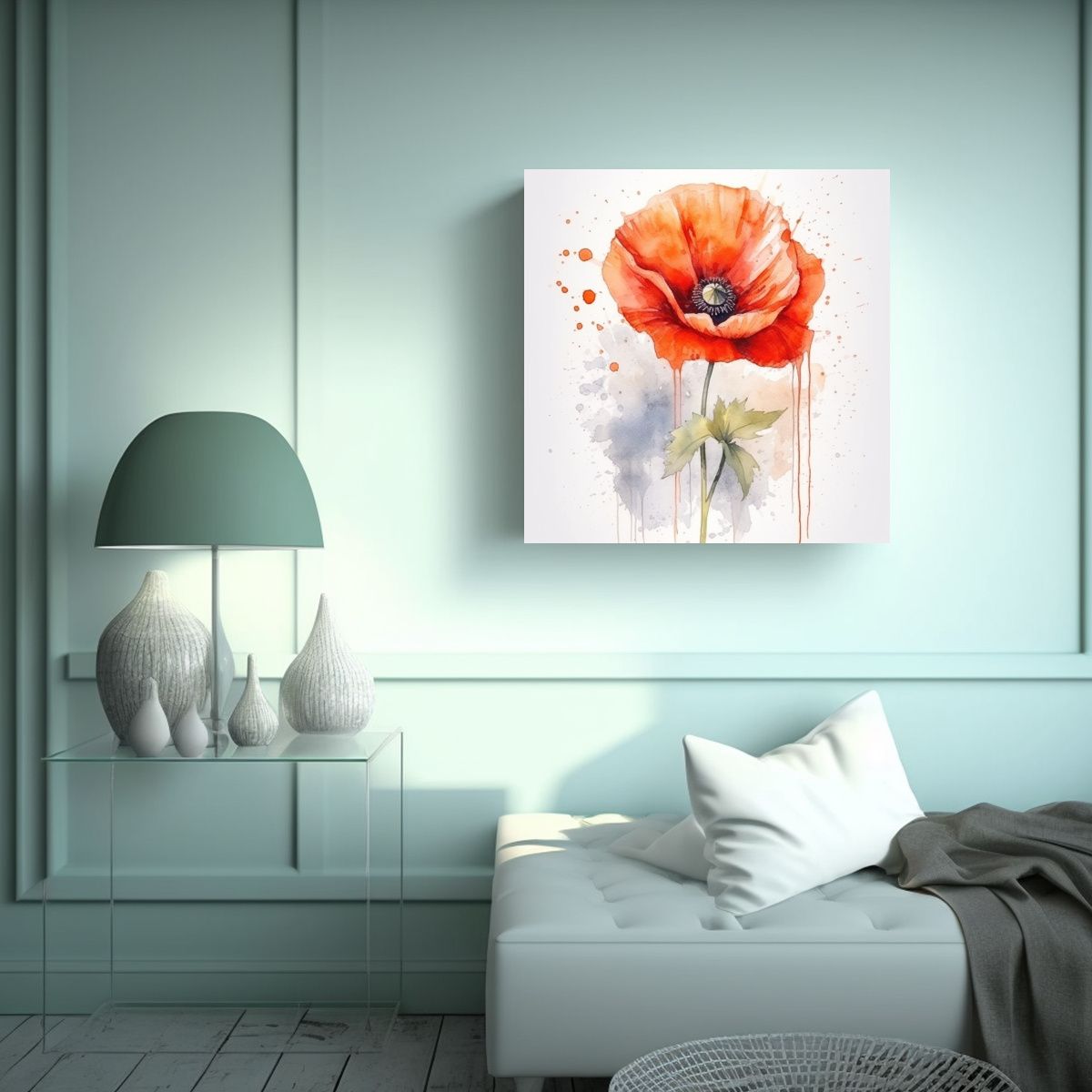GENERICO - Arte Único Acuarela Flor De Amapola Hojas 30x30 Cm