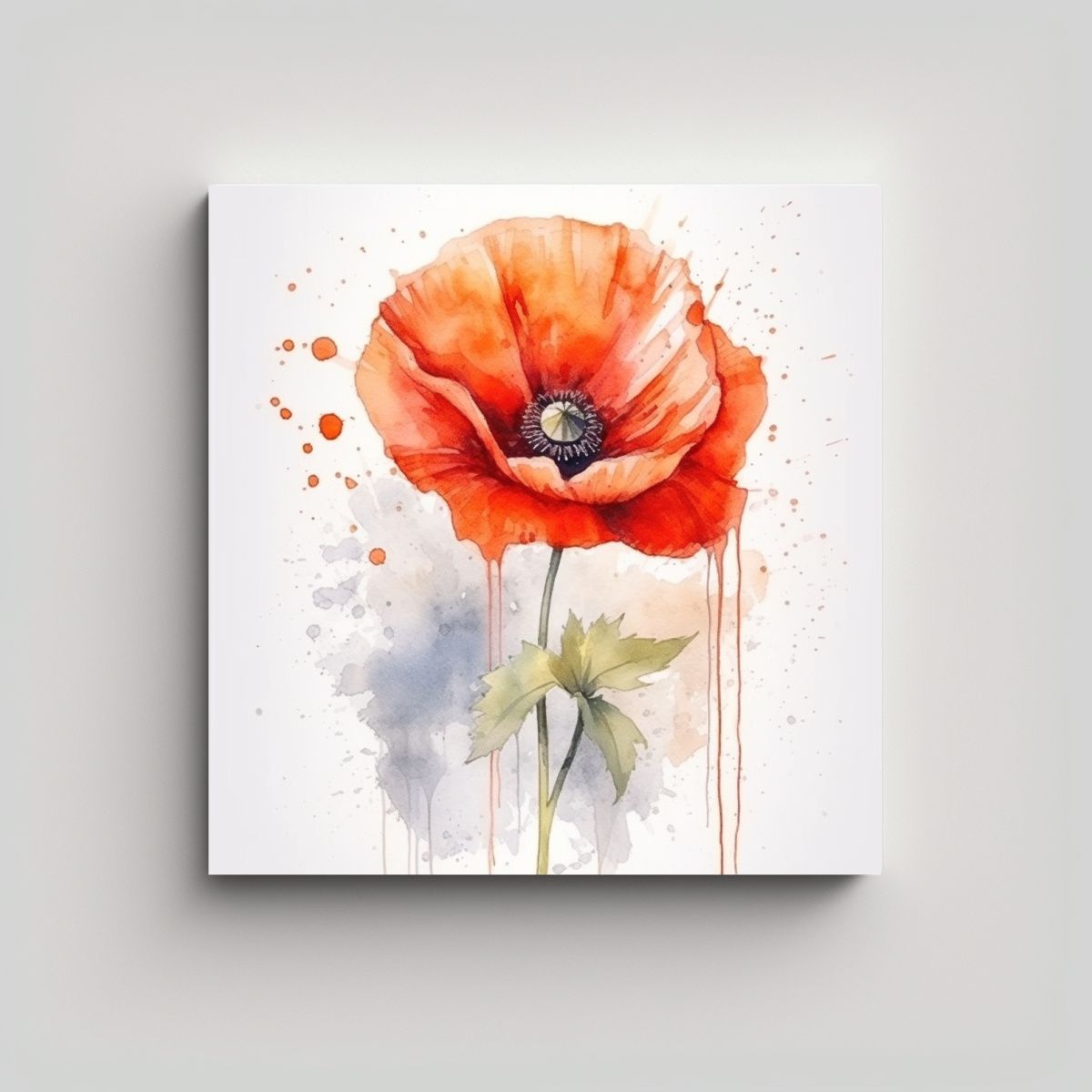 GENERICO - Arte Único Acuarela Flor De Amapola Hojas 60x60 Cm