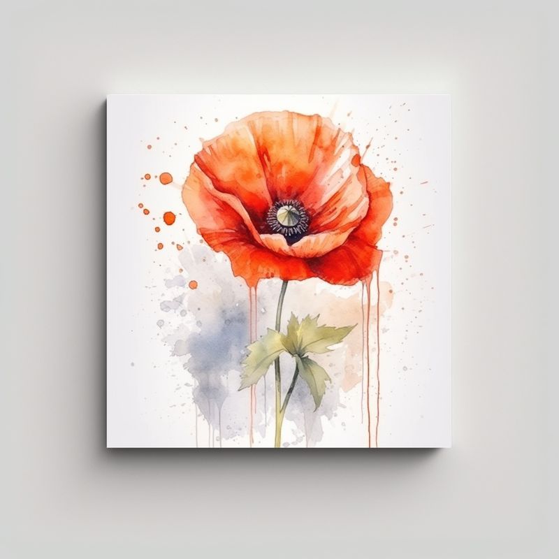 GENERICO - Arte Único Acuarela Flor De Amapola Hojas 50x50 Cm