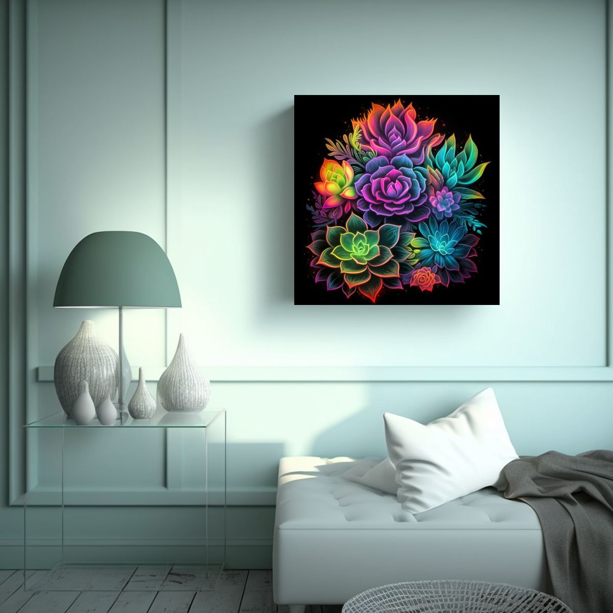 GENERICO - Suculentas Neón Vibrantes Cuadro Fotografía 90x90 Cm