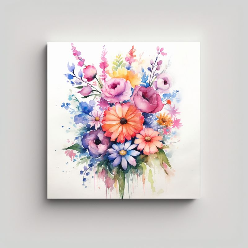 GENERICO - Cuadro De Tela Sublimada Con Ramo Flores Acuarela 90x90 Cm