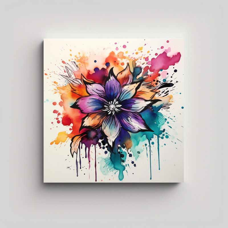 GENERICO - Cuadro Abstracto En Acuarela Flores Rosa Tinta 70x70 Cm