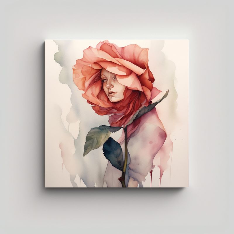 GENERICO - Arte De Acuarela Floral, Estampa De Rosa Y Tallo, 70x70 Cm