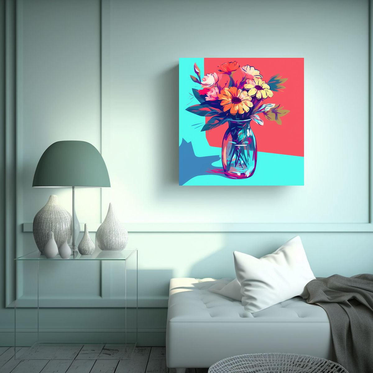 GENERICO - Arte Pop En Vaso De Vidrio Con Flores, Colores 60x60 Cm.