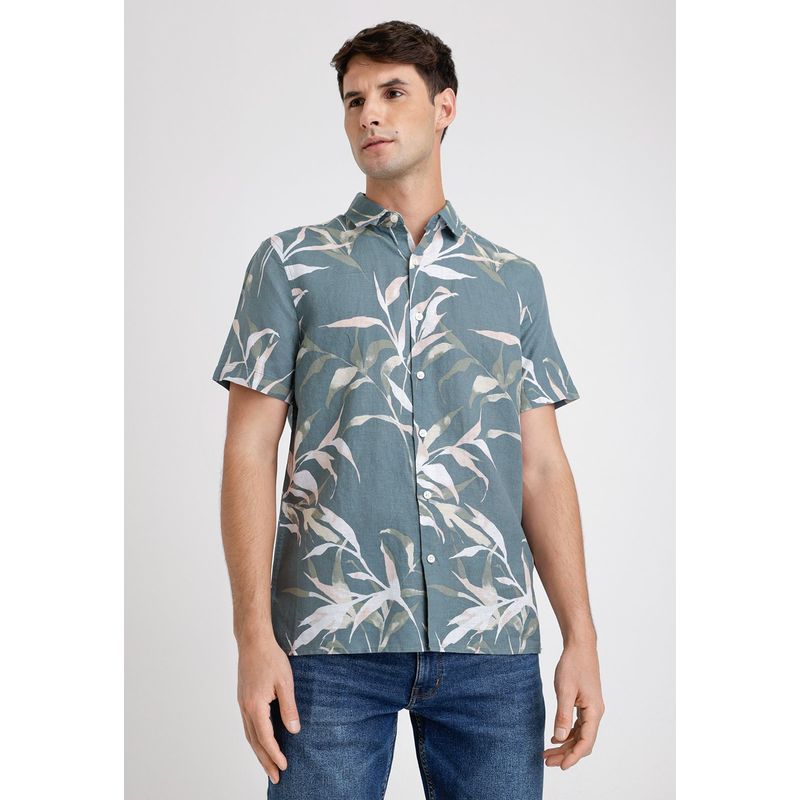 PERRY ELLIS - Camisa Hombre Manga Corta Lino Estampada Verde Perry Ellis