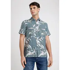 PERRY ELLIS - Camisa Hombre Manga Corta Lino Estampada Verde