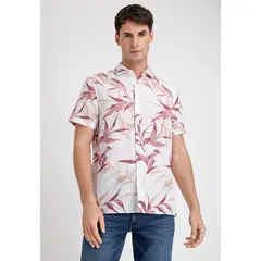 PERRY ELLIS - Camisa Hombre Manga Corta Lino Estampada Rosa Viejo