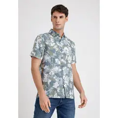 PERRY ELLIS - Camisa Hombre Manga Corta Lino Estampada Verde