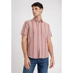 PERRY ELLIS - Camisa Hombre Manga Corta Lino Listada Rouge