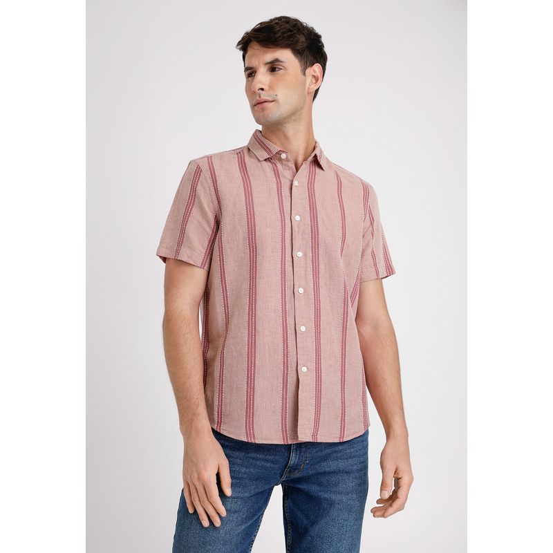 PERRY ELLIS - Camisa Hombre Manga Corta Lino Listada Rouge Perry Ellis