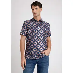 PERRY ELLIS - Camisa Hombre Manga Corta Lino Estampada Navy