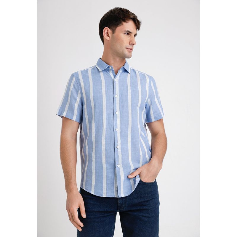 PERRY ELLIS - Camisa Hombre Manga Corta Lino Listada Celeste Perry Ellis