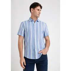 PERRY ELLIS - Camisa Hombre Manga Corta Lino Listada Celeste