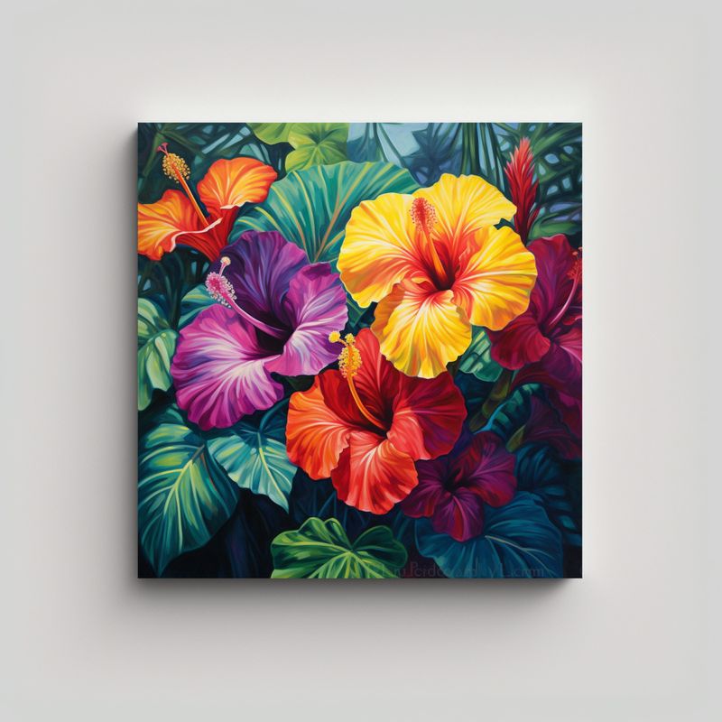 GENERICO - Lienzo Visual Con Flores De Hibisco Y Monstera 60x60 Cm