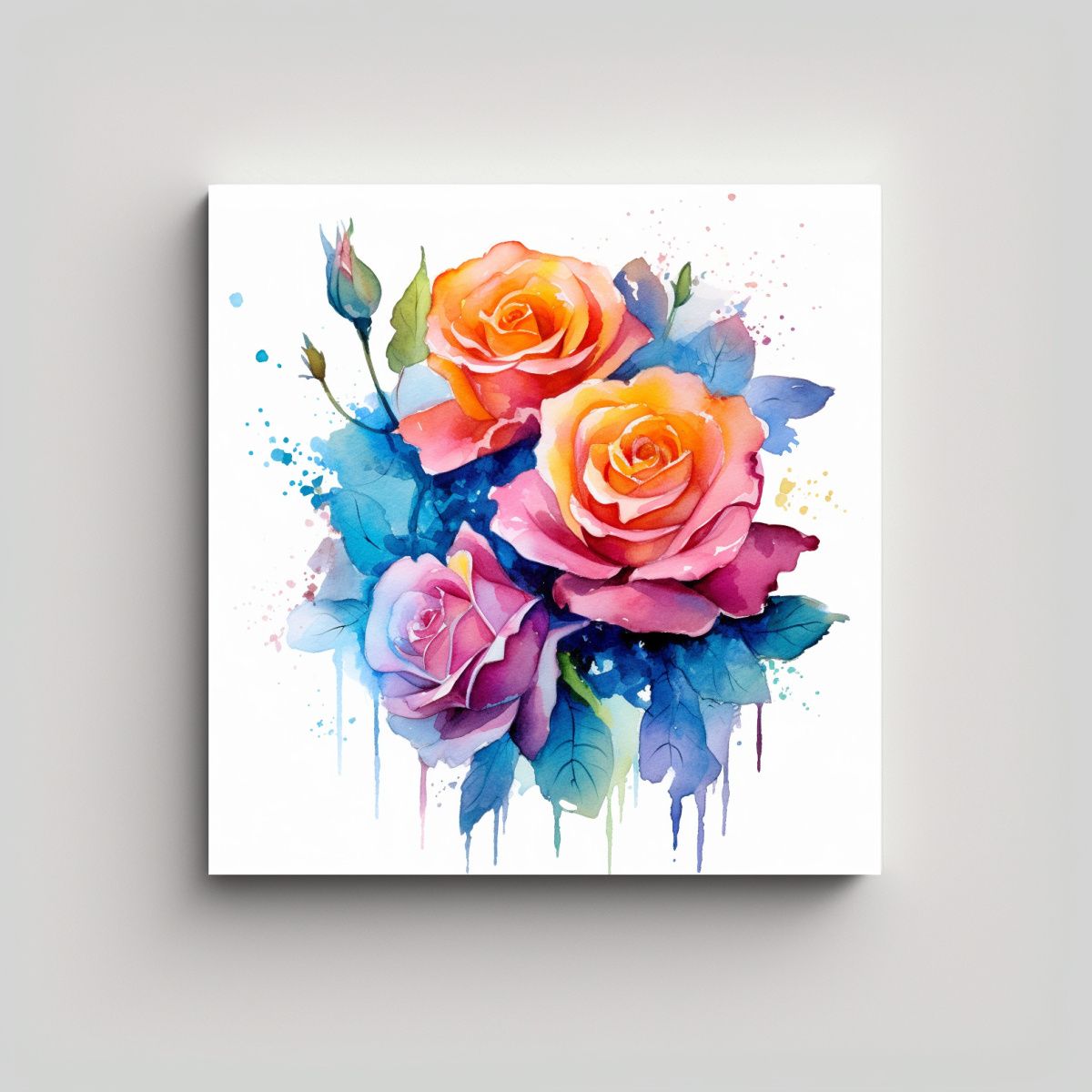 GENERICO - Ilustración Lienzo Rosas Acuarela Simple Fondo 70x70 Cm
