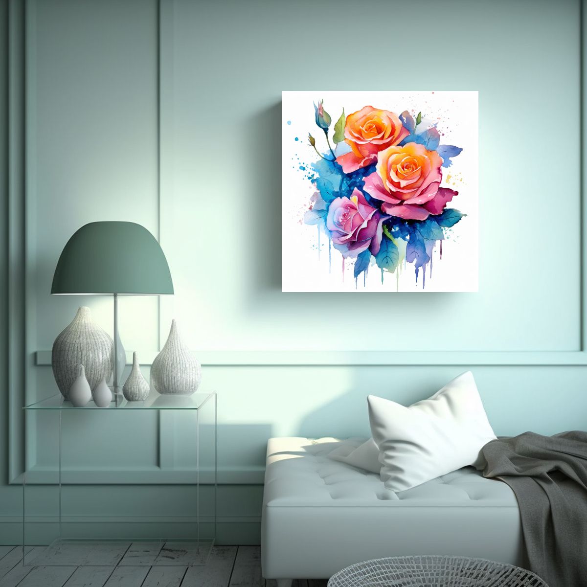 GENERICO - Ilustración Lienzo Rosas Acuarela Simple Fondo 70x70 Cm