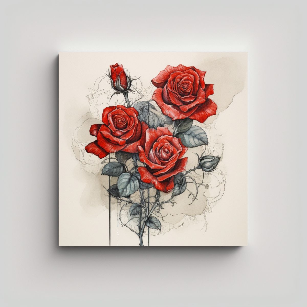 GENERICO - Cuadros Decorativos: Arte Lineal Y Rosas Rojas 50x50 Cm