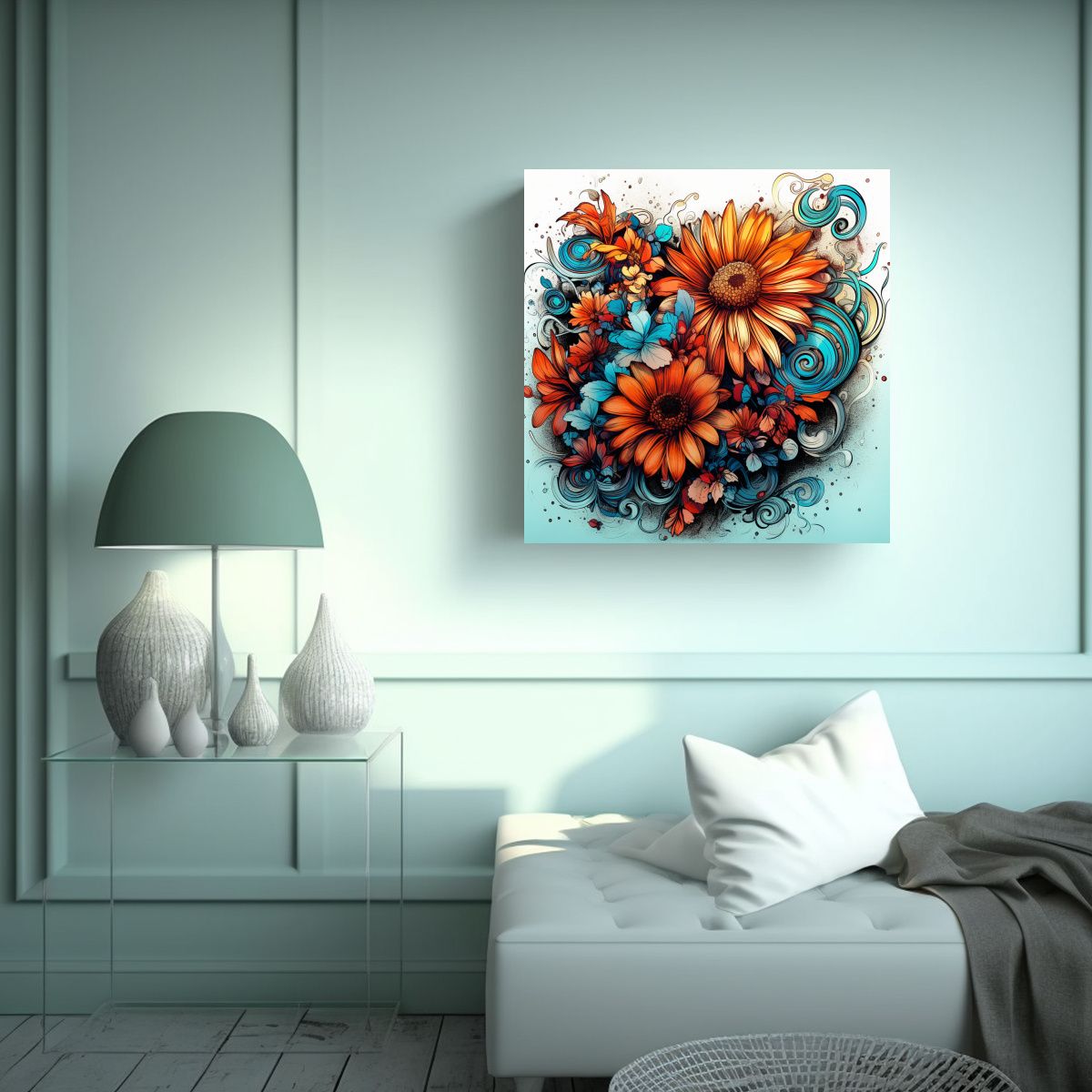 GENERICO - Cuadro Moderno De Flores Dibujadas En Alta 90x90 Cm