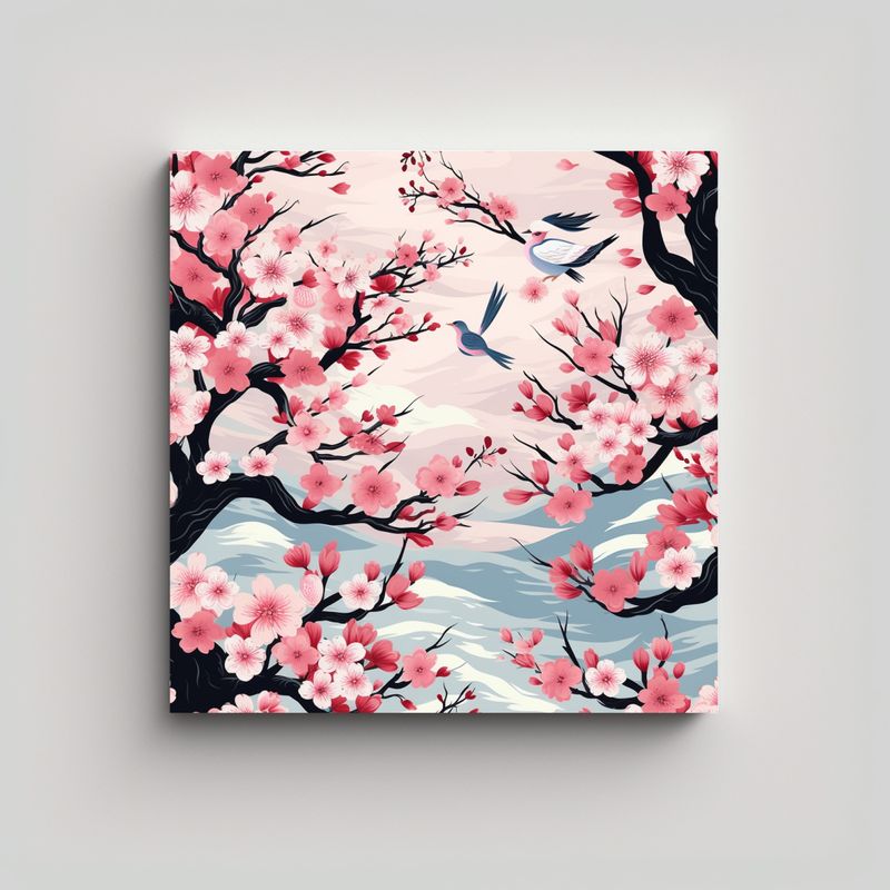 GENERICO - Exclusivo Tela En Bastidor Sakura Japonés Lineas 30x30 Cm