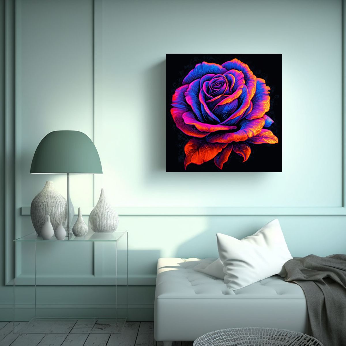 GENERICO - Cuadro Estilo Blacklight De Rosa Visionaria Para 50x50 Cm